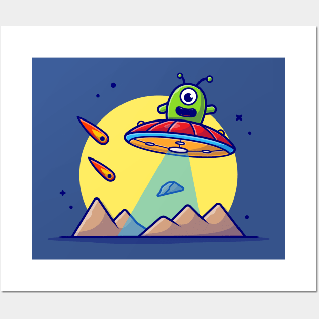 Cute Alien Flying on Planet with UFO and Meteorite Space Cartoon Vector Icon Illustration Wall Art by Catalyst Labs